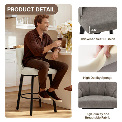 24" Counter Height Bar Stools Set of 4, Swivel Bar Stools with Backs, Fabric Upholstered Counter Barstools with Solid Wood Legs for Kitchen Island,Grey
