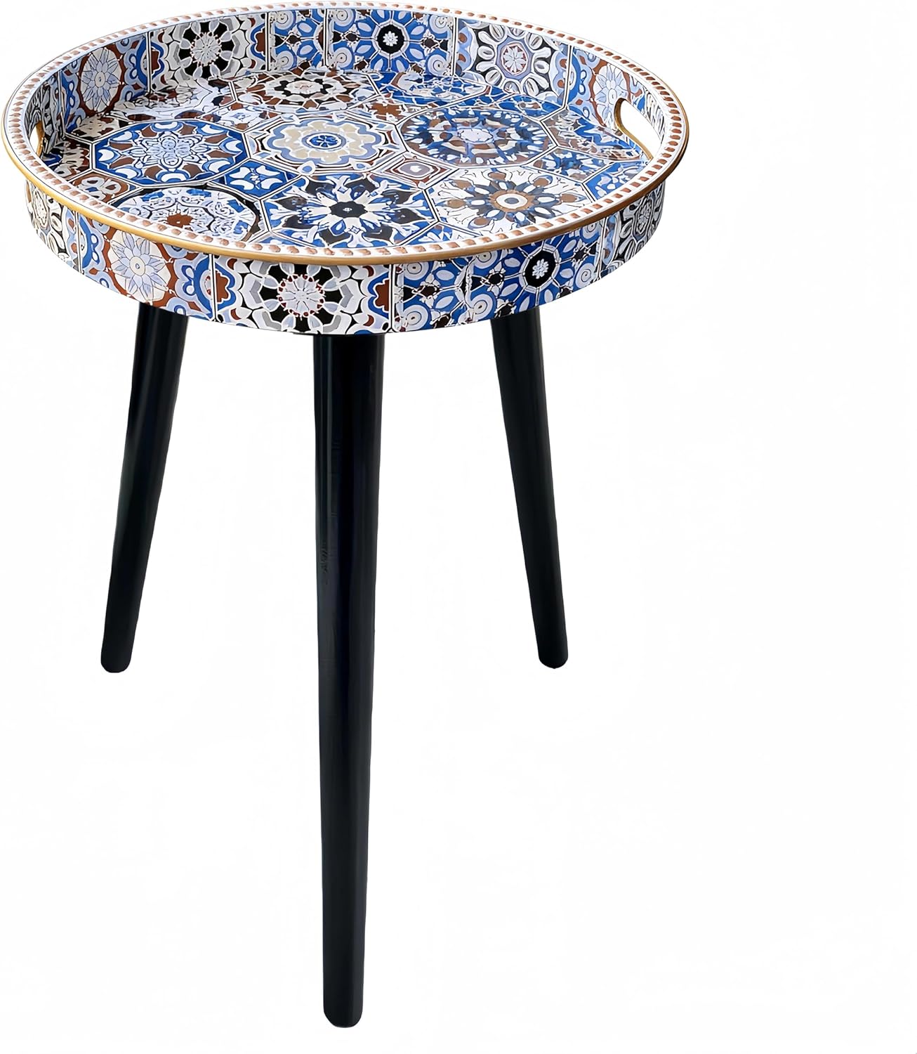13" Zosenley Small Round Side Table - Blue Boho Geometric End Table with Vintage Pattern Tray - Unique Artistic Accent