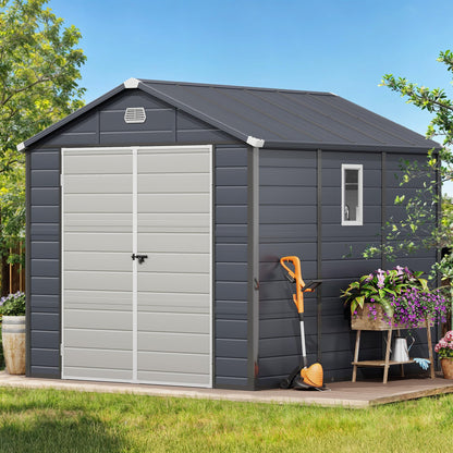 DWVO 8x9FT Outdoor Storage Shed w/o Floor, All-Weather Plastic Shed with Window, Vents & Lockable Doors, Plastic Tool Shed for Backyard, Patio, Lawn, Gray