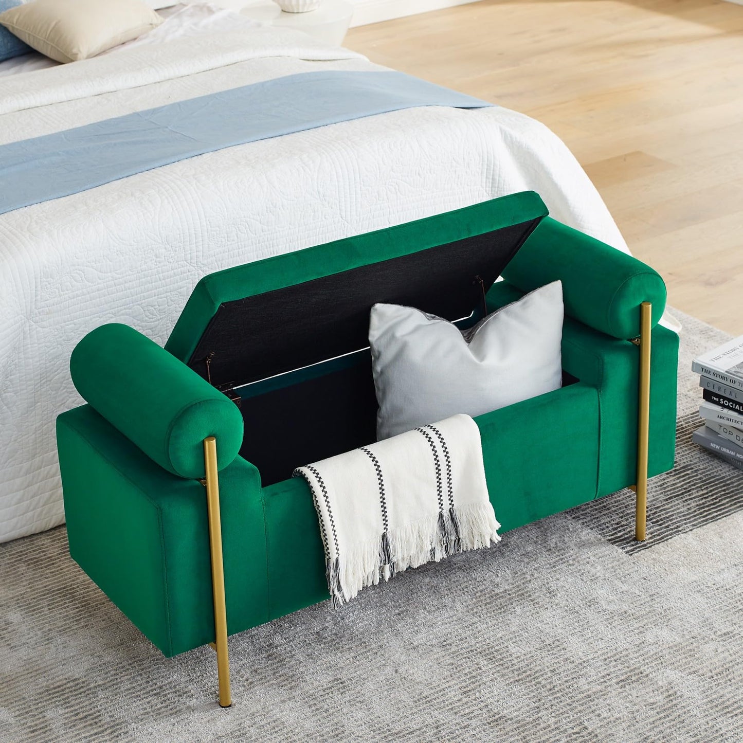 KEIKI Linen Ottoman Bench with Storage & Cylindrical Armrest, Upholstered Seating Foot Rest Stool Furniture for Bedroom, Living Room, Entryway, Green