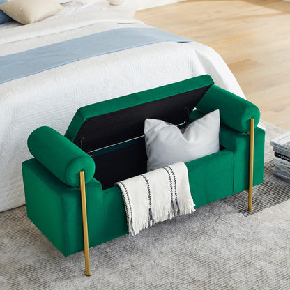 KEIKI Linen Ottoman Bench with Storage & Cylindrical Armrest, Upholstered Seating Foot Rest Stool Furniture for Bedroom, Living Room, Entryway, Green