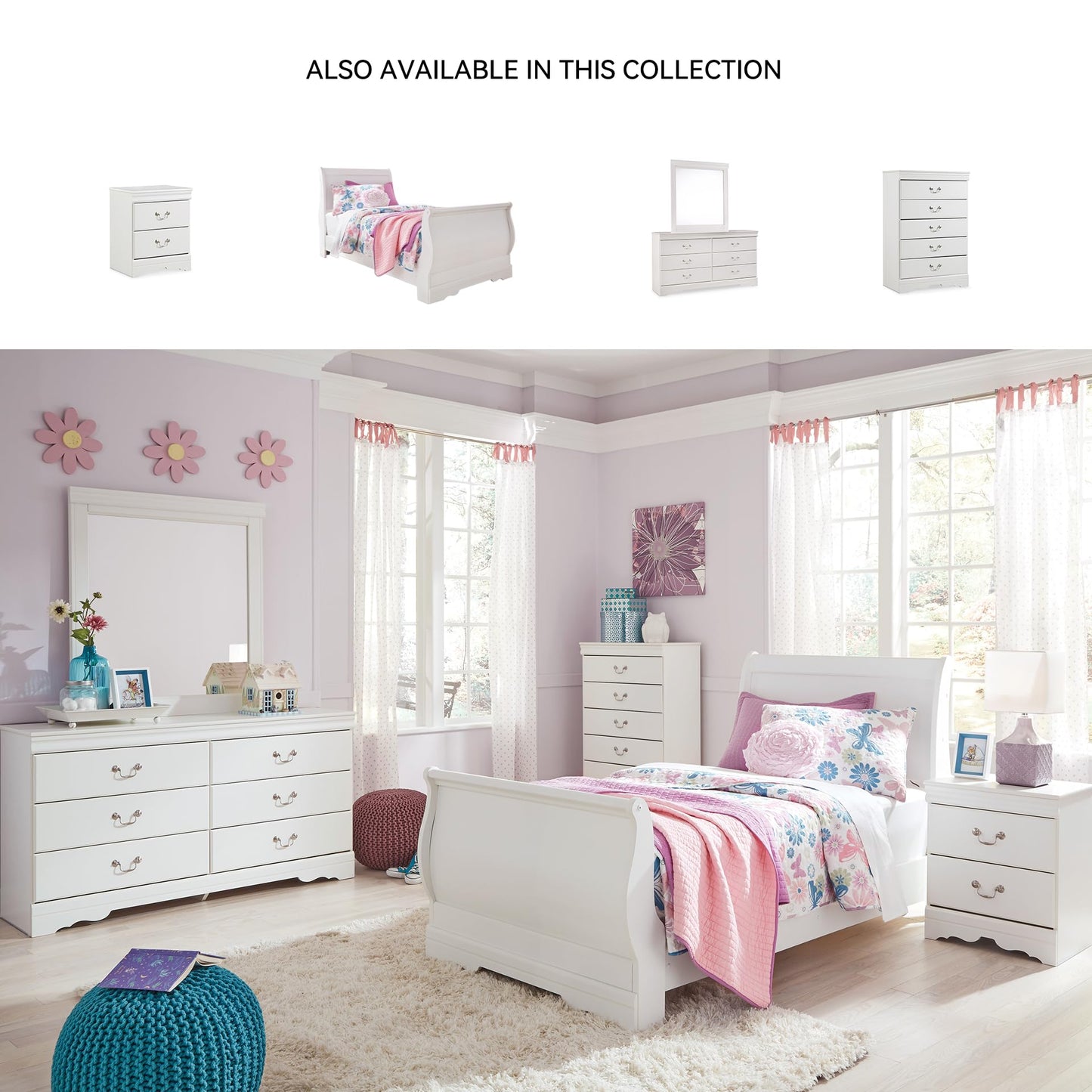 Signature Design by Ashley Anarasia Traditional Smooth-Gliding 6-Drawer Dresser and Mirror with Safety Stop, White