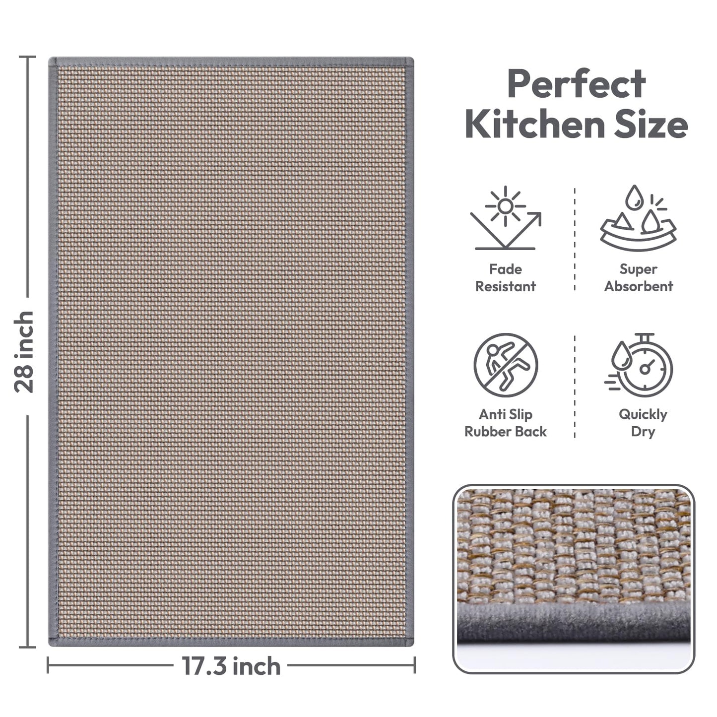 Kitchen Mats for Floor, Kitchen Rug, Nonskid, Washable, Absorbent Kitchen Runner Rug for in Front of Sink, Entryway, Rubber Backing Indoor Door Mat, Farmhouse Style Standing Mat, 17.3"x28", Grey