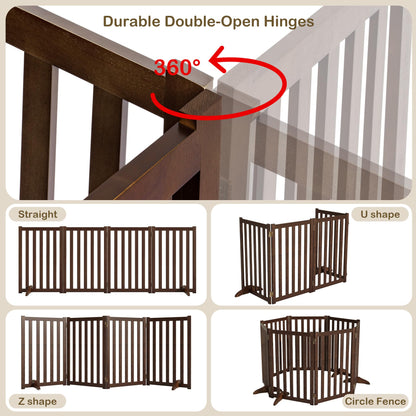 30" Height Tall Freestanding Pet Gate, Solid Wood Folding Safety Fence Wooden Dog Gate with 2 PCs Support Feet Ideal for Stairs, Doorways, Halls, Kitchens, Heavy Duty Gates, 4 Panels, Walnut