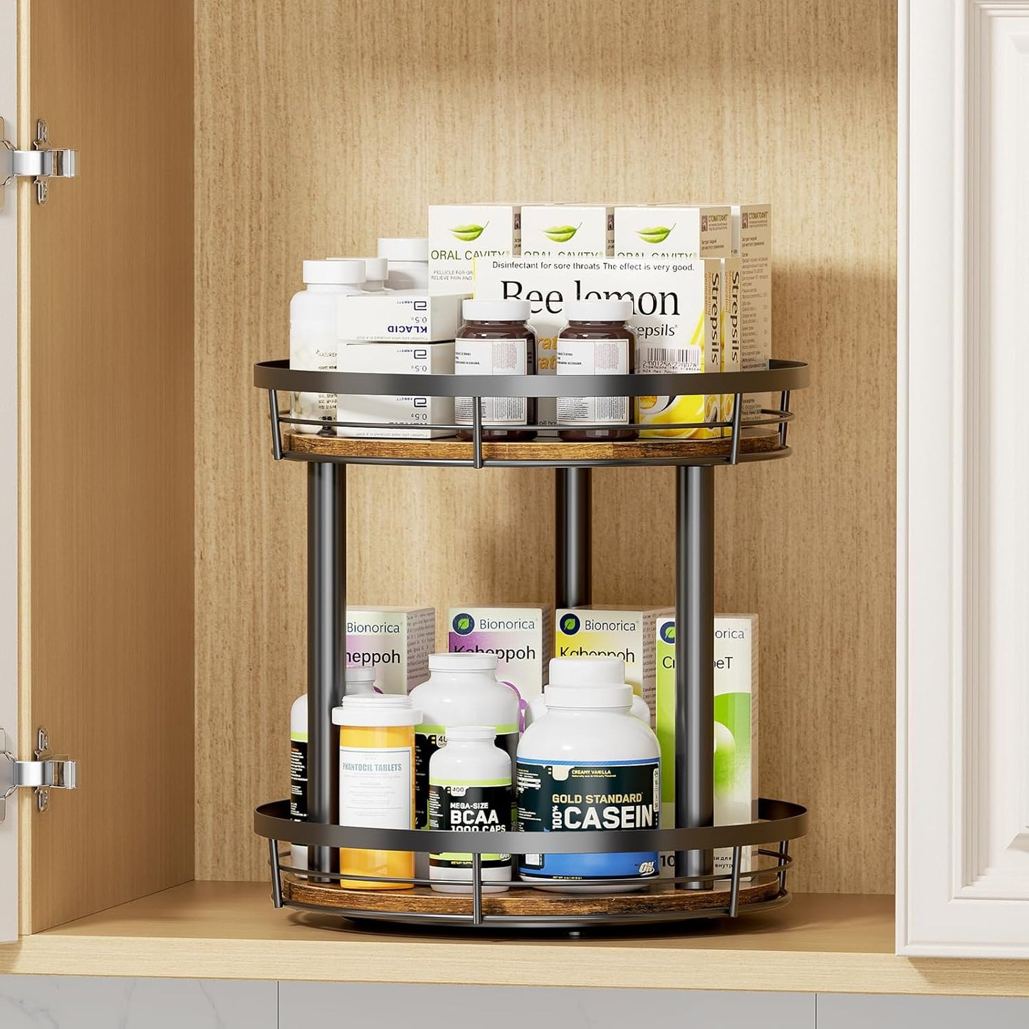 12'' 2 Countertop, LAMU Wood Lazy Susan Spice Rack Organizer, Tier Spice Organization for Cabinet, Kitchen, Table Top