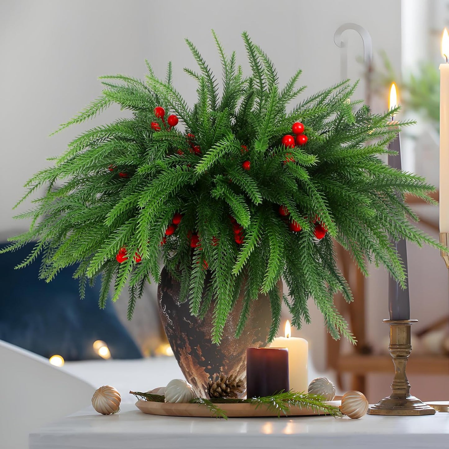 12Pcs Christmas Norfolk Pine Stems with Red Berries, Real Touch Artificial Norfolk Pine Branches for Vase,DIY Crafts