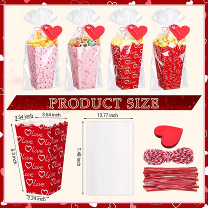 Gueevin 144 Pcs 48 Set Valentine's Day Popcorn Boxes Valentines Party Favor, Valentines Popcorn Boxes Red Pink Heart Cookie Gift Bucket with Bags, Ribbon and Card for Valentine Galentine Home Movie