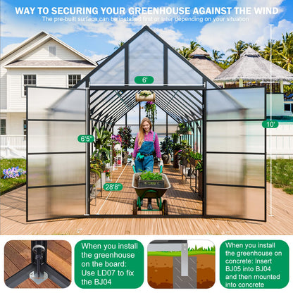 SELLERWE 28x10x10 FT Large Greenhouse, Easy Assembly Thicker Aluminum Hybrid Polycarbonate Greenhouses for Outdoors w/6 Windows,Heavy Duty Walk-in Greenhouses for Outside, Backyard, Graden