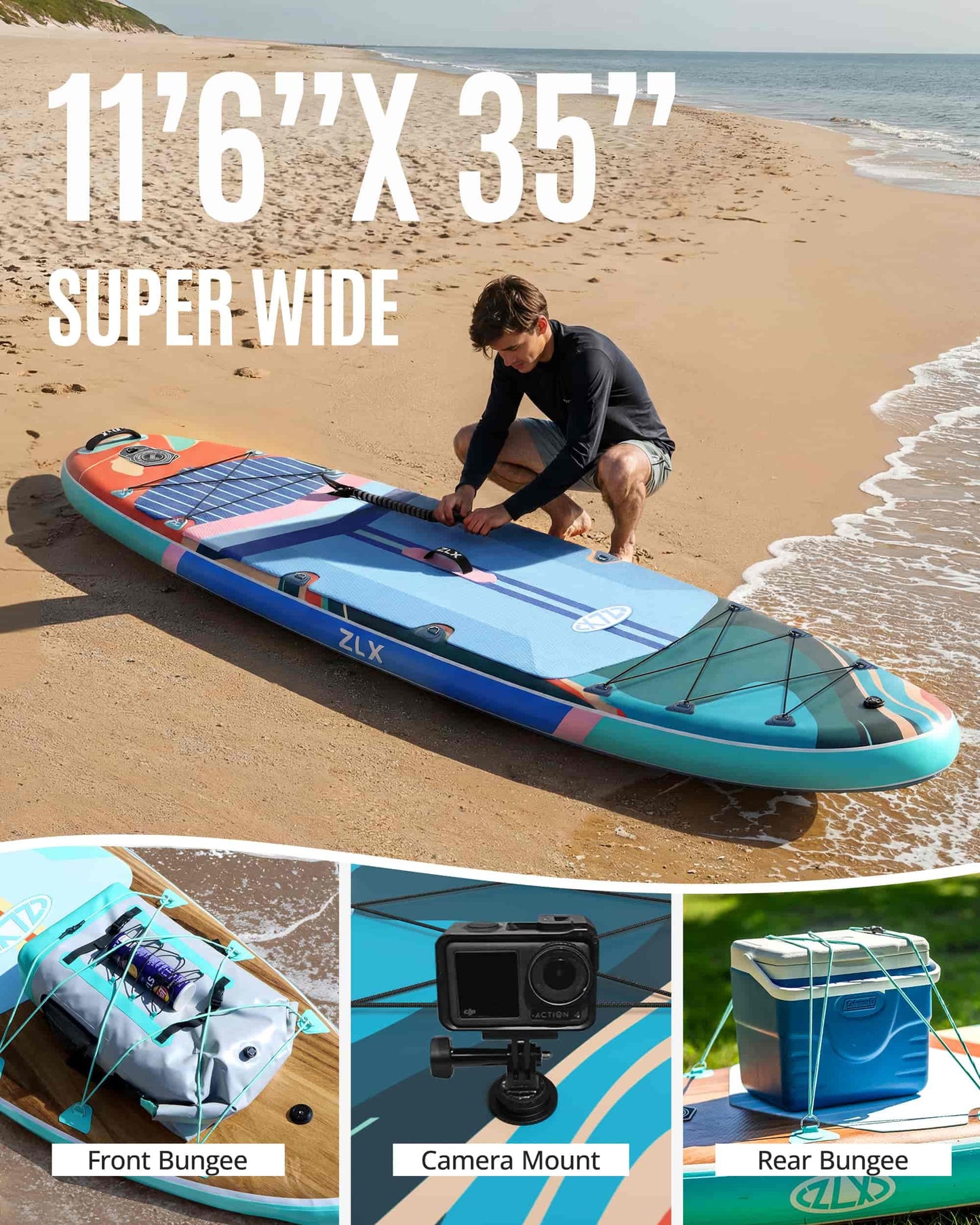 ZLX 11'6"x35" Ultra Wide Inflatable Stand Up Paddle Board | Stable Non-Slip Deck Pad, Unique Fin System, Premium SUP Accessories & Backpack - Upgraded Pump for Adults, All Skill Levels