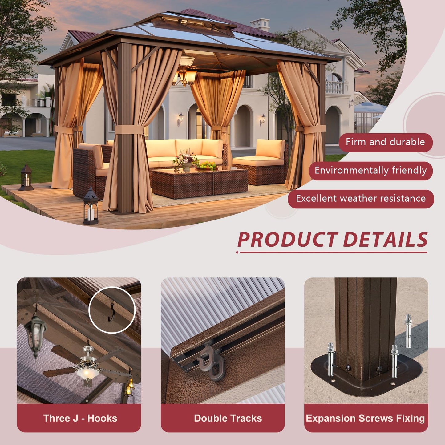 Breezestival 12'x10' Hardtop Gazebo, Outdoor Gazebo with Netting and Curtains, Heavy Duty Pavilion with Aluminum Frame, Double Roof Canopy Party Tent for Patio, Garden, Backyard, Lawn