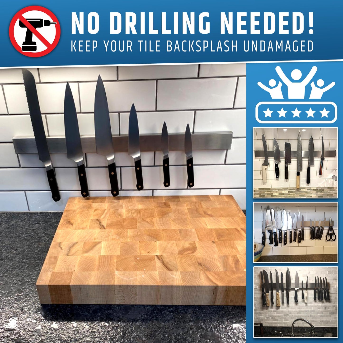 24" Strong Adhesive (No Drill) Magnetic Knife Holder for Wall - Professional Knife Strip - No Screws Needed - Adhesive Backing - Stainless Steel Knife Bar (Upgraded Version – Will Not Fall)