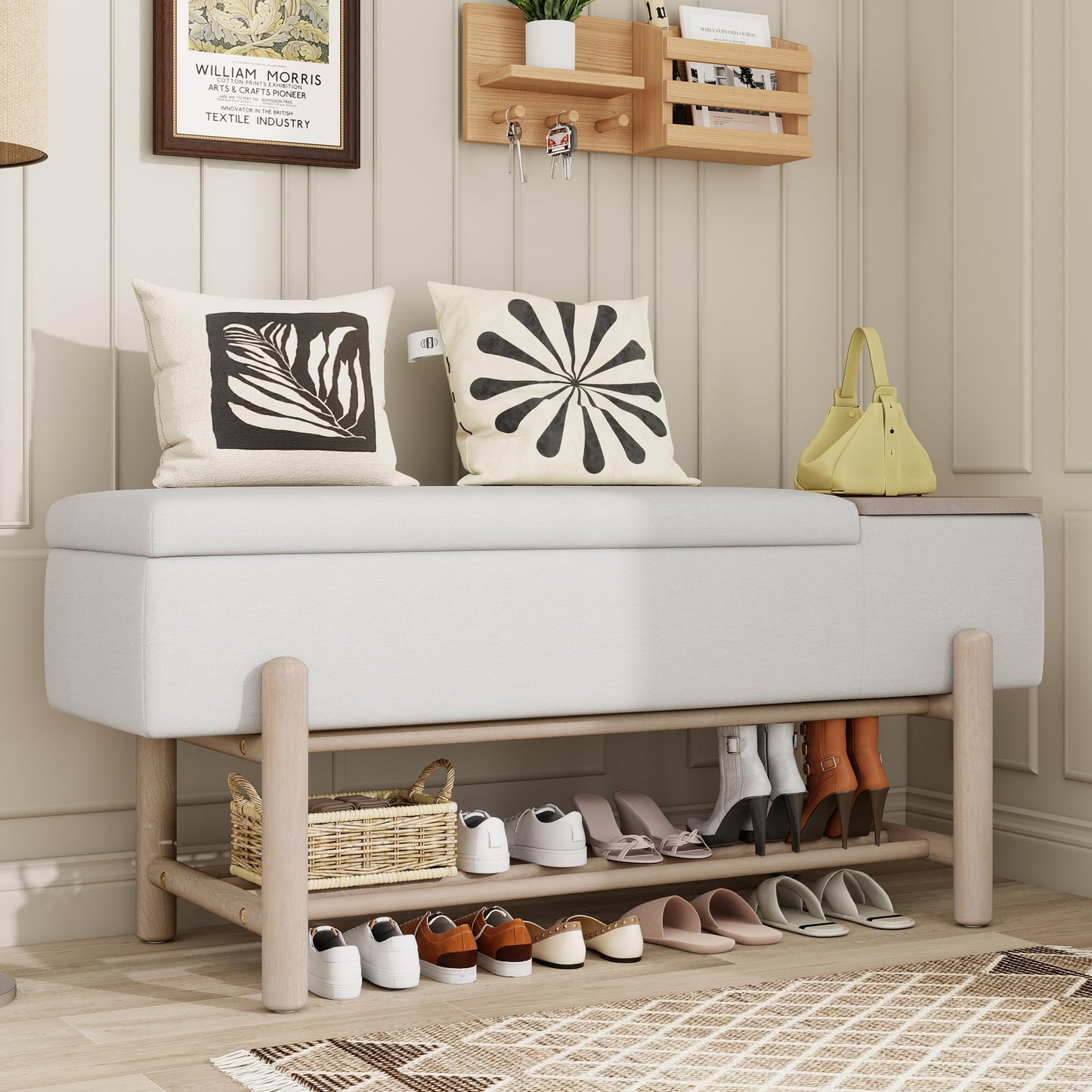 GDFStudio 47.2" Modern Upholstered Shoe Storage Bench with Hidden Compartment and Shoe Rack, Wood Entryway Shoe Organizer Cabinet with Cushion for Bedroom Living Room Hallway, Natural