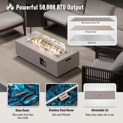 Werph 42’’ Propane Fire Pit Table Set with Tank Holder, CSA Certifed 50,000 BTU Outdoor Firepit Table, Wind Guard & Glass Stones, Smoke-Free Rectangular Fire Table for Garden Porch Backyard