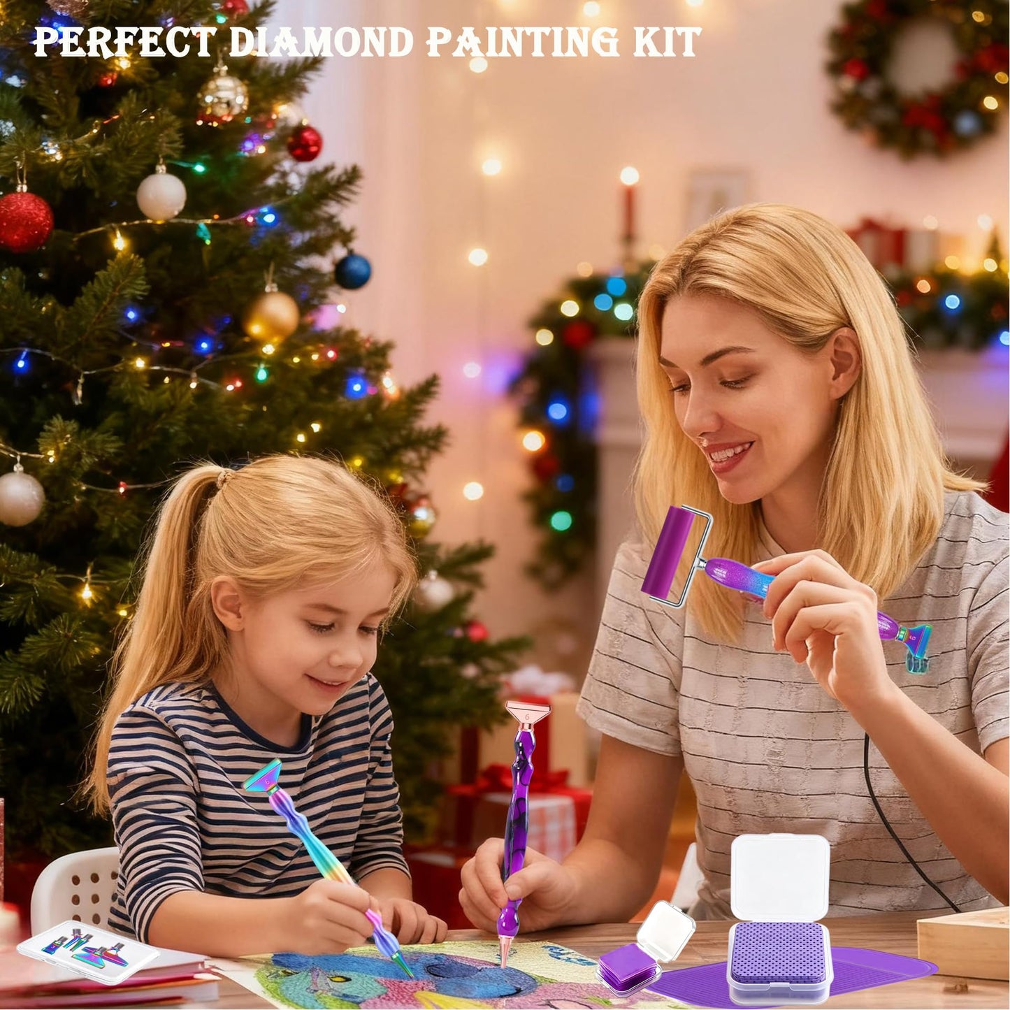 jecxucci Diamond Painting Art Drill Bead Dot Pen Kit with 6pcs Stainless Steel Tips, 6 Glue Clays, Diamond Art Roller and 50Pcs Cleaner Paper, 5D Diamond Painting Trays Sticky Pad (Blue + Colorful)