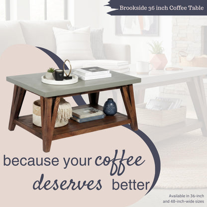 Alaterre Furniture Brookside Coffee Table with Lower Shelf – Modern Rustic Farmhouse 36-Inch Living Room Table with Solid Wood Base and Concrete-Coated Top (Brown and Light Gray)