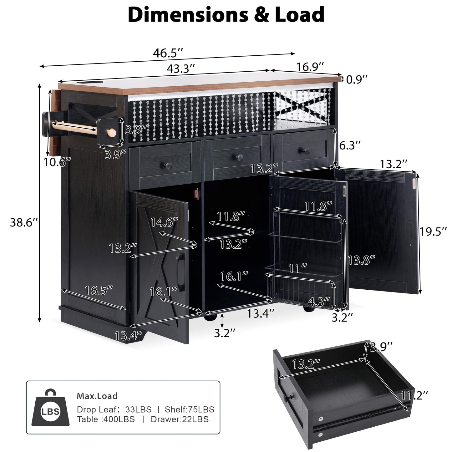 Bellemave 46.5" Farmhouse Kitchen Island cart with Charging Station and with Drape of Beads, Rolling Kitchen Island Table with Drop-Leaf, 3 Drawers, Black
