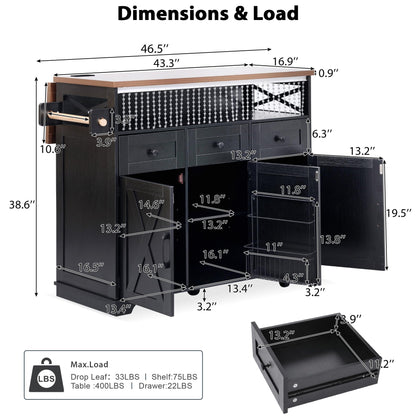 Bellemave 46.5" Farmhouse Kitchen Island cart with Charging Station and with Drape of Beads, Rolling Kitchen Island Table with Drop-Leaf, 3 Drawers, Black