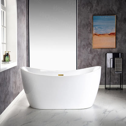 WOODBRIDGE 59" Acrylic Freestanding Bathtub Contemporary Soaking White Tub with Brushed Gold Overflow and Drain,BTA1516 BG