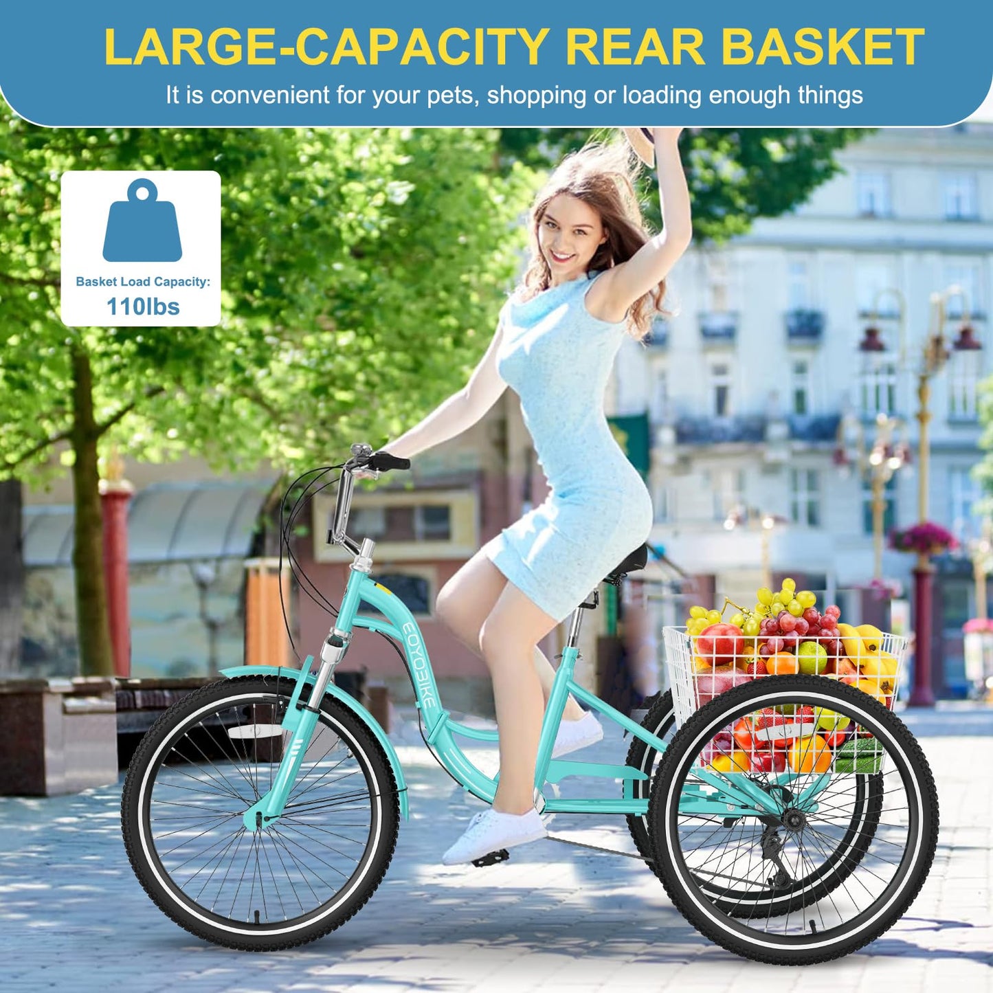 NAIZEA 7-Speed 20/24/26 Inch Adult Tricycle, Folding Steel Trike with Large Basket, Low-Step Through for Women, Men, Seniors