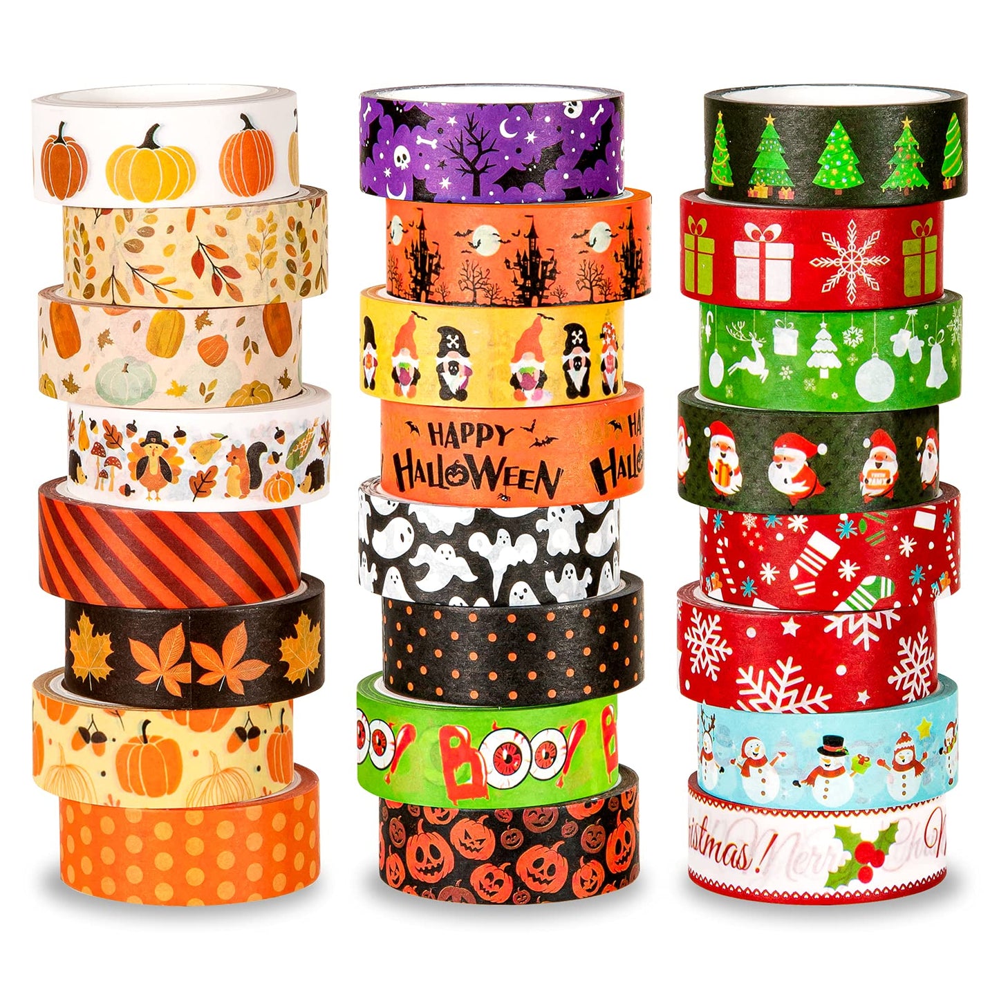 Whaline 24 Rolls Fall Halloween Christmas Washi Tape 3 Holidays Masking Tape Leaves Pumpkin Ghost Snowflake Santa Decorative Tapes for Thanksgiving Autumn Winter Xmas Scrapbook Journal DIY Art Craft