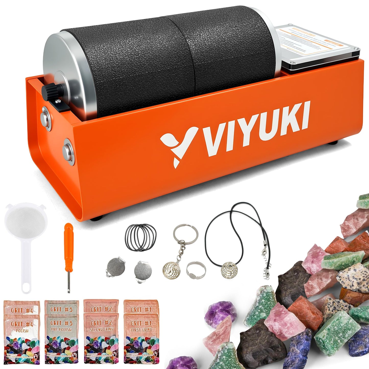VIYUKI Professional Rock Tumbler Kit - Double Drum 6LB Rock Polisher(Double Barrel), Includes Rough Gemstones, 8 Polishing Grits, Jewelry, Learning Guide, Ideal Gift for Adults & Collectors