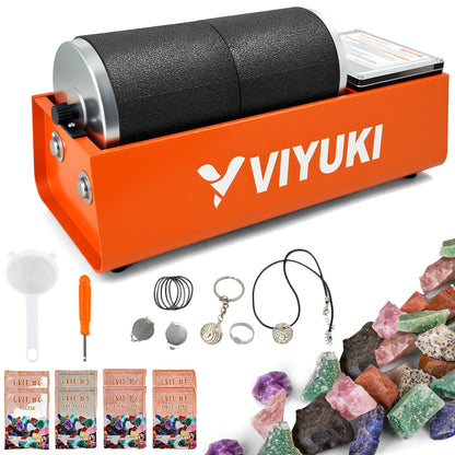 VIYUKI Professional Rock Tumbler Kit - Double Drum 6LB Rock Polisher(Double Barrel), Includes Rough Gemstones, 8 Polishing Grits, Jewelry, Learning Guide, Ideal Gift for Adults & Collectors
