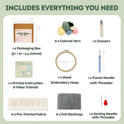 Kukovaya Punch Needle Kit for Beginners & Adults – Complete DIY Embroidery 6-Coaster Kit with Printed Fabric, Yarn, Needle, Hoop & Guide – Easy Craft Kit for Home Décor, Gifts & Stress Relief