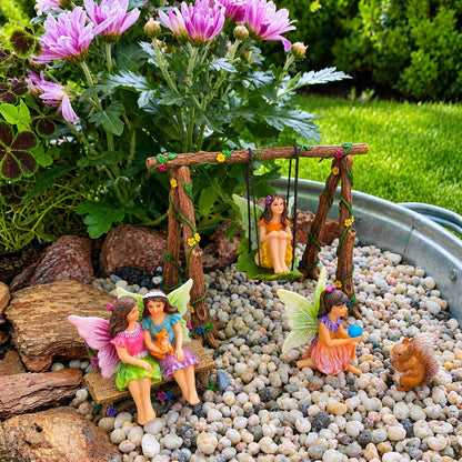 Mood Lab Fairy Garden Figurines with Swing - Miniature Accessories Set (6 pcs) - Outdoor Indoor Garden Decor