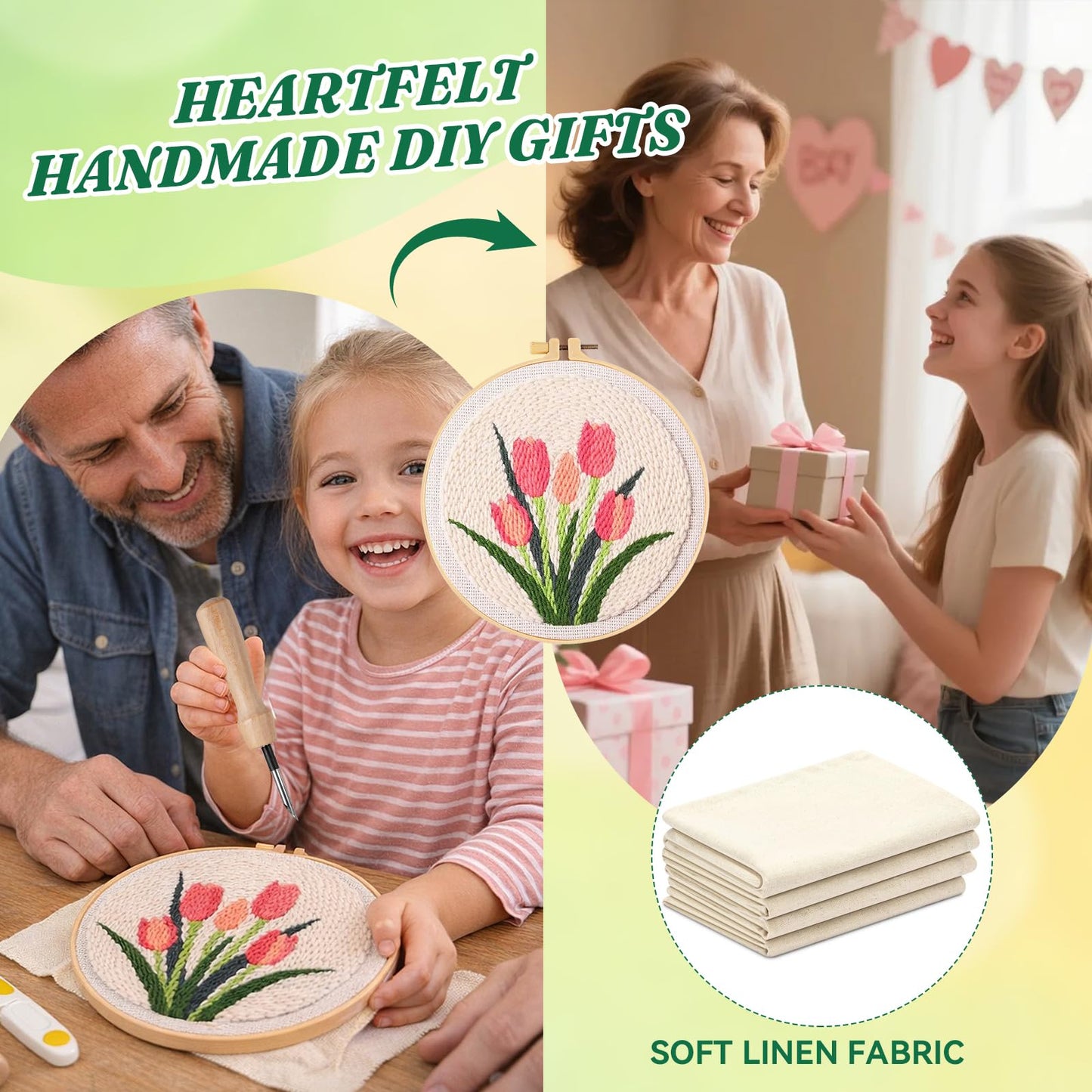 Aemygo Punch Needle Kit Adults Beginners, 3 Pcs DIY Easy Flower Embroidery Set for Starter Art Craft, Needling Punching Project with Patterns, Tools, Yarns, Hoop, Instruction