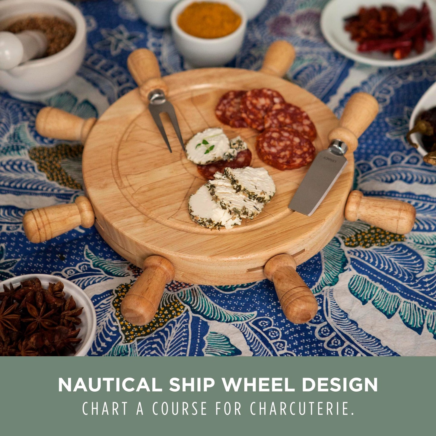 PICNIC TIME Mariner Cheese Board and Knife Set, Novelty Charcuterie Board Set with Stainless Steel Tools Housed in Helm Case Under the Lid, Swivel-Open Serving Platter, and Charcuterie Set, (Parawood)