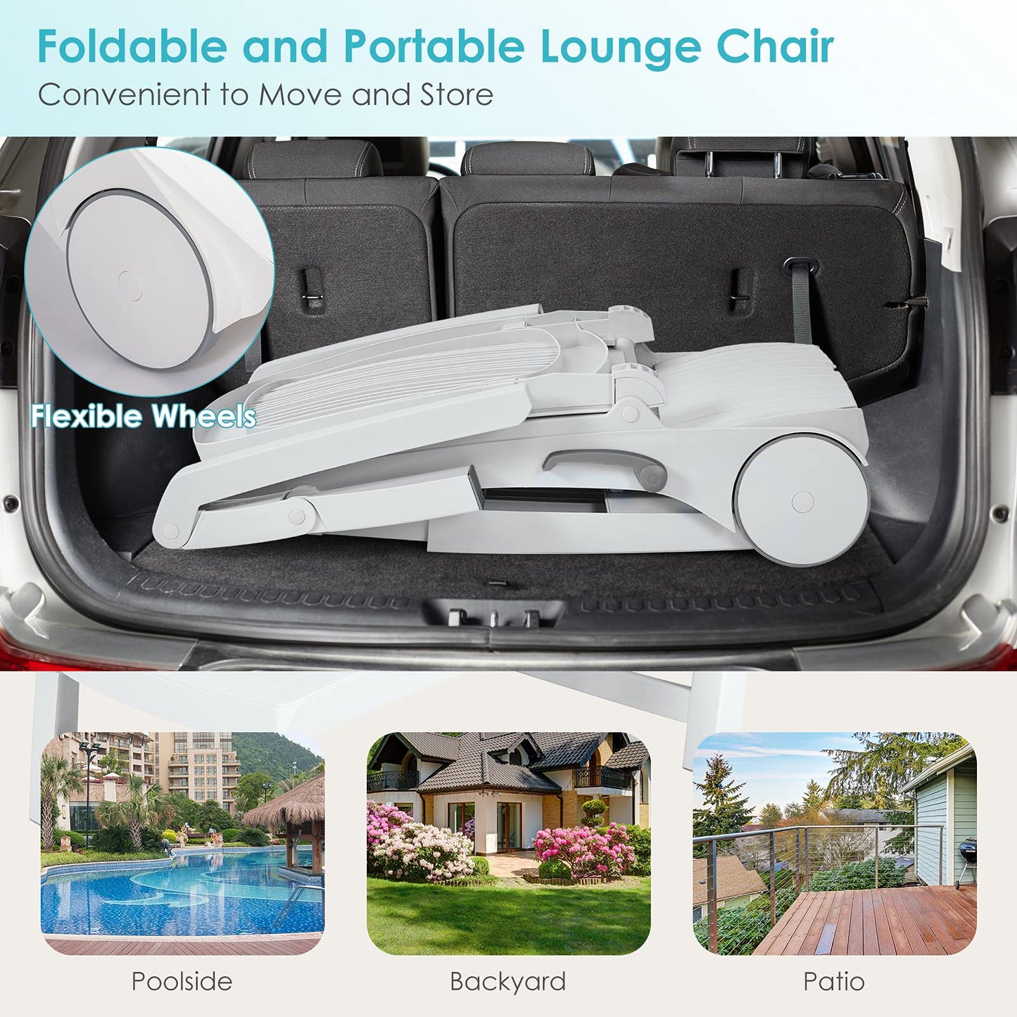 Tangkula Outdoor Chaise Lounge Chair, 5-Position Adjustable Recliner with Storage Box and Flexible Wheels, All-Weather Folding Patio Lounge Chair for Poolside, Beach and Backyard (2, White)