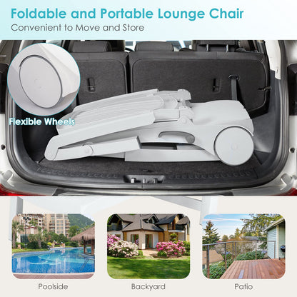 Tangkula Outdoor Chaise Lounge Chair, 5-Position Adjustable Recliner with Storage Box and Flexible Wheels, All-Weather Folding Patio Lounge Chair for Poolside, Beach and Backyard (2, White)