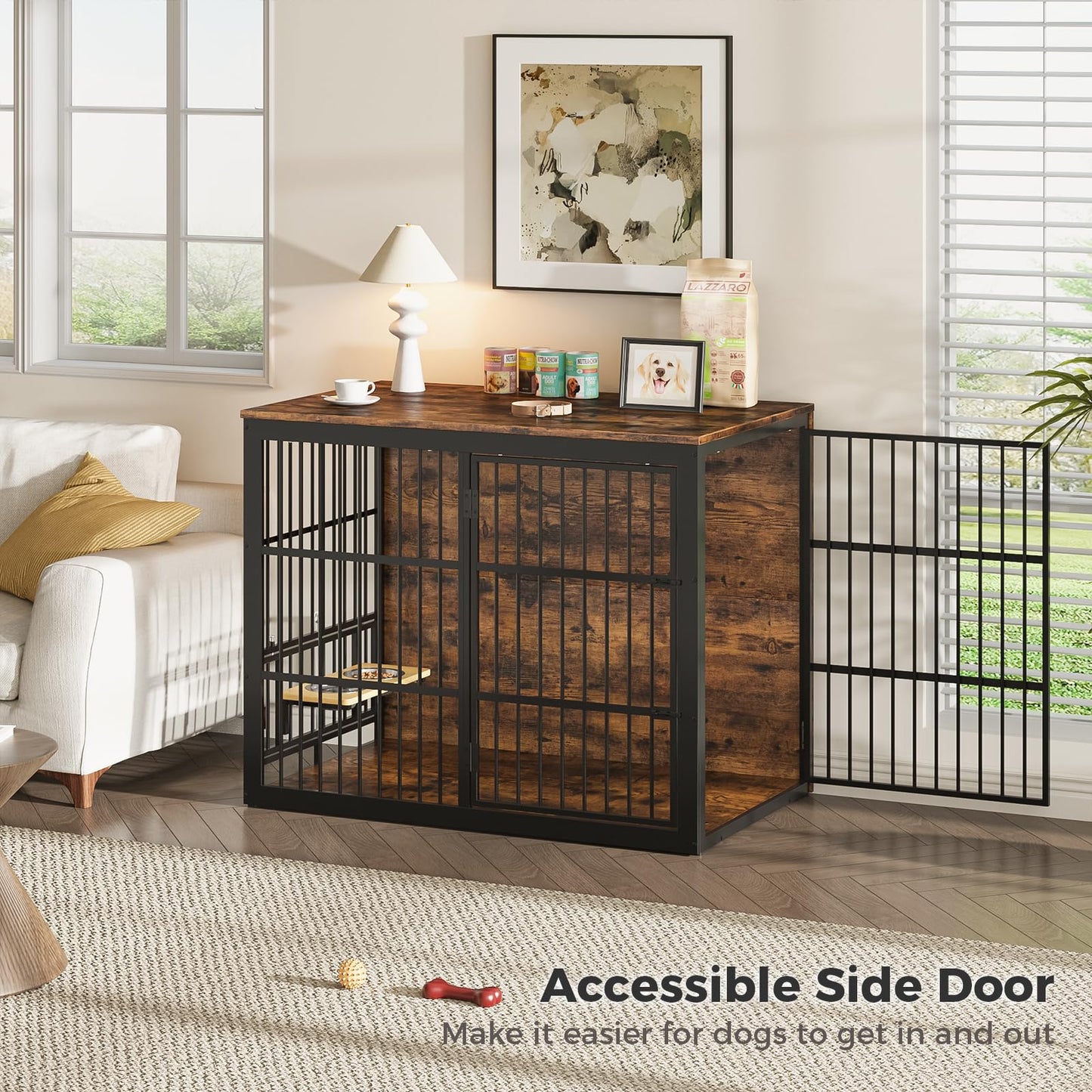 Lyromix 48'' XXL Dog Crate Furniture with Rotating Feeder, Large Wooden Crate End Table, Heavy Duty Indoor Kennel Cage for Medium to Large Dogs, Brown
