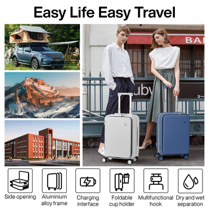 mixi Large Checked Luggage with Cup Phone Holder and Charger Hard Shell Suitcases with Spinner Wheels, 26 Inch Sapphire Blue