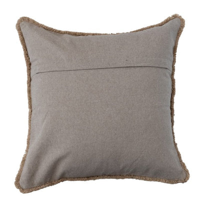 Cotton Slub Throw Pillow Cover with Geometric Embroidery and Fringe, Brown