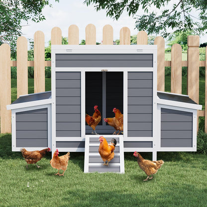 Large Wooden Chicken Coop,Wooden Hen House for 4-6 Chickens – Outdoor Poultry & Rabbit Cage with 6 Nesting Boxes, No-Slip Ramp, Pull-Out Tray, Openable Roof & Window