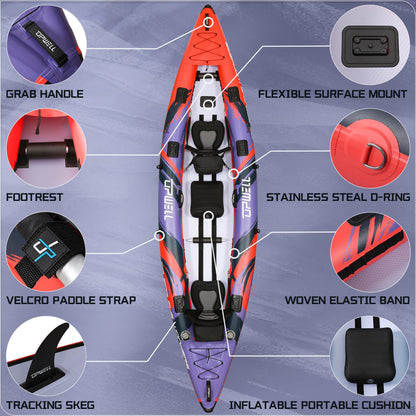Angler 14'6" Inflatable Fishing Kayak with Drop Stitch Floor 2-3 Person Adult Blow up Kayaks Foldable Pedal Boat Canoe, Red