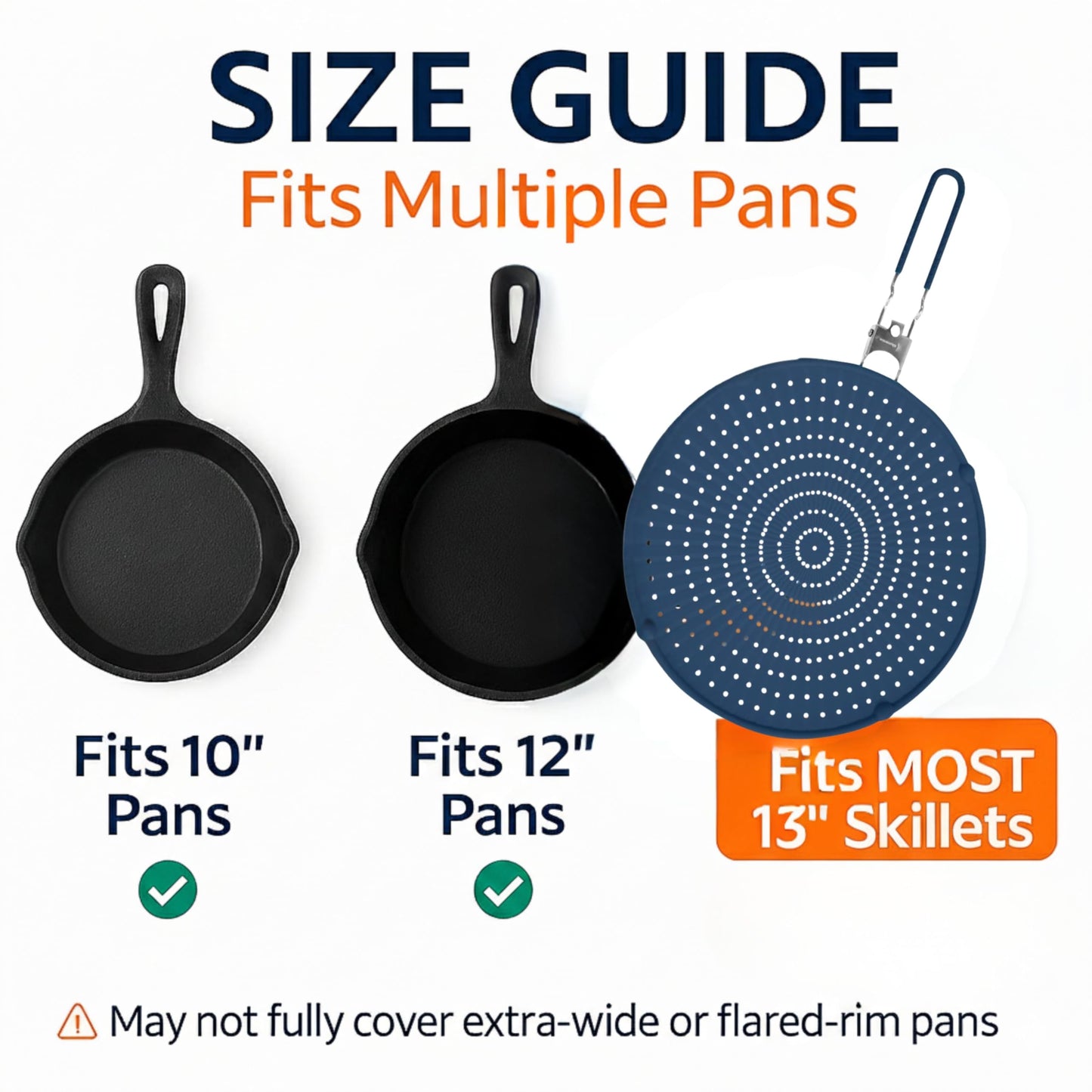 Silicone Splatter Screen for Frying Pan, 13” Navy – Grease & Oil Splatter Guard, Heat Resistant, Dishwasher Safe, Foldable Handle with Sleeves – Splash Guard Fits 10–12” Pans, Most 13” Skillets