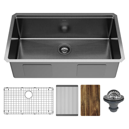 Karran Elite 32 Inch Gunmetal Black Workstation Kitchen Sink, 16 Gauge Nano PVD Stainless Steel Undermount Sink, Deep Single Bowl with Grid, Cutting Board, Drying Mat & Strainer