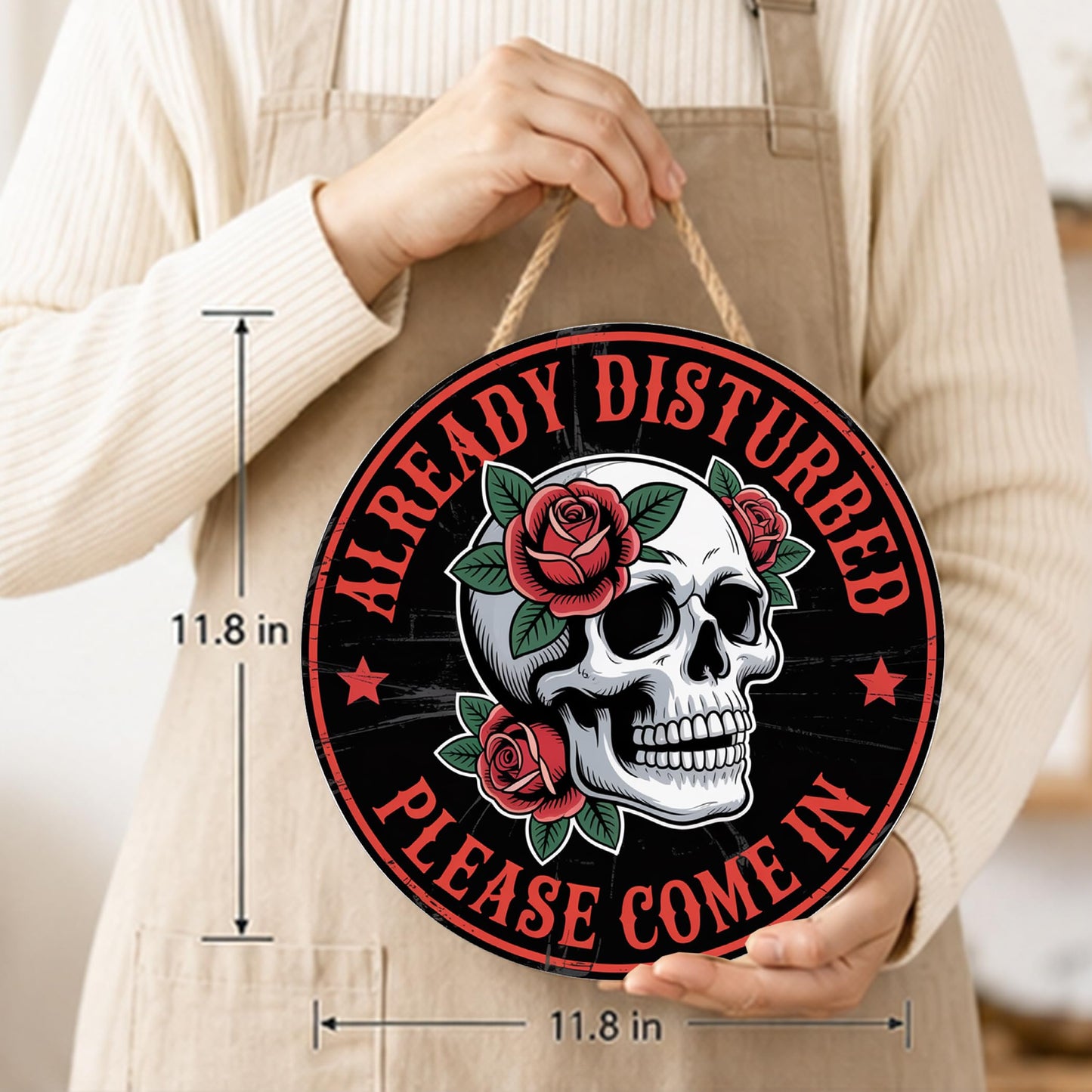Gothic Welcome Sign Wall Decor, Skeleton Welcome Round Wood Hanging Sign Decorations, Funny Decor for Home Front Door