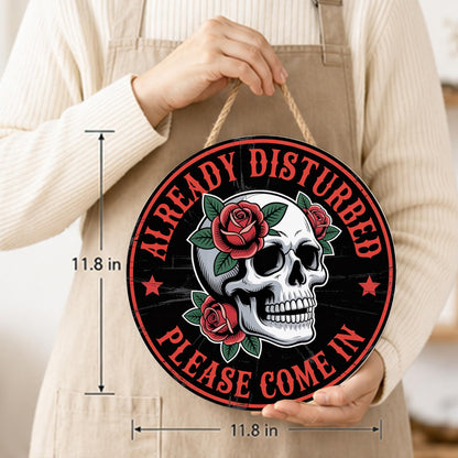 Gothic Welcome Sign Wall Decor, Skeleton Welcome Round Wood Hanging Sign Decorations, Funny Decor for Home Front Door