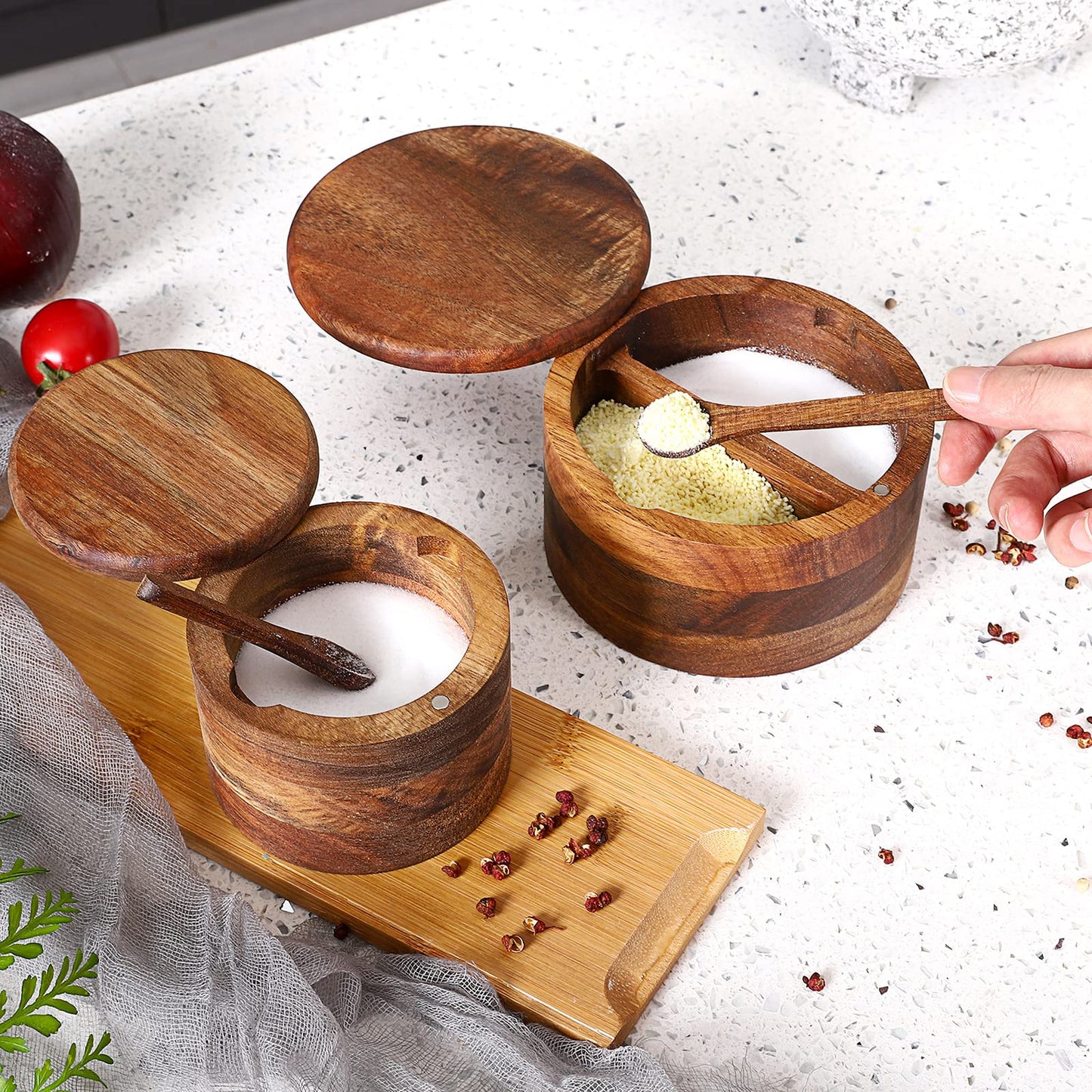 RAETTER.LY Acacia Wood Salt and Pepper Bowl, Nature Wood Salt Cellar and Spices Storage Box With Built-in Spoon and Magnetic Swivel Lid (Two Compartments 12 oz)