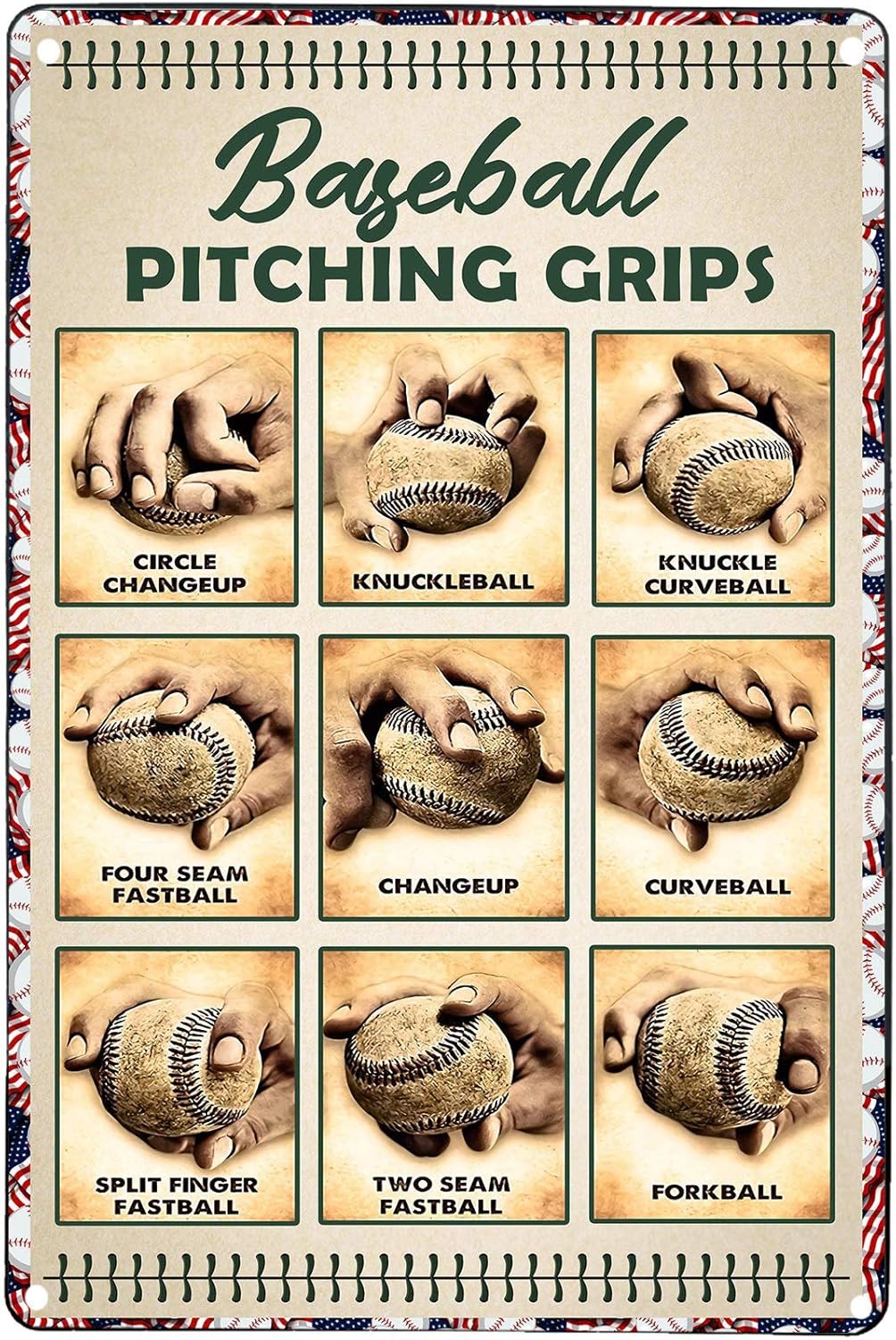 Baseball Pitching Grips Retro Metal Sign, Tin Sign Retro Art Print Poster Decoration, 8x12 Inches