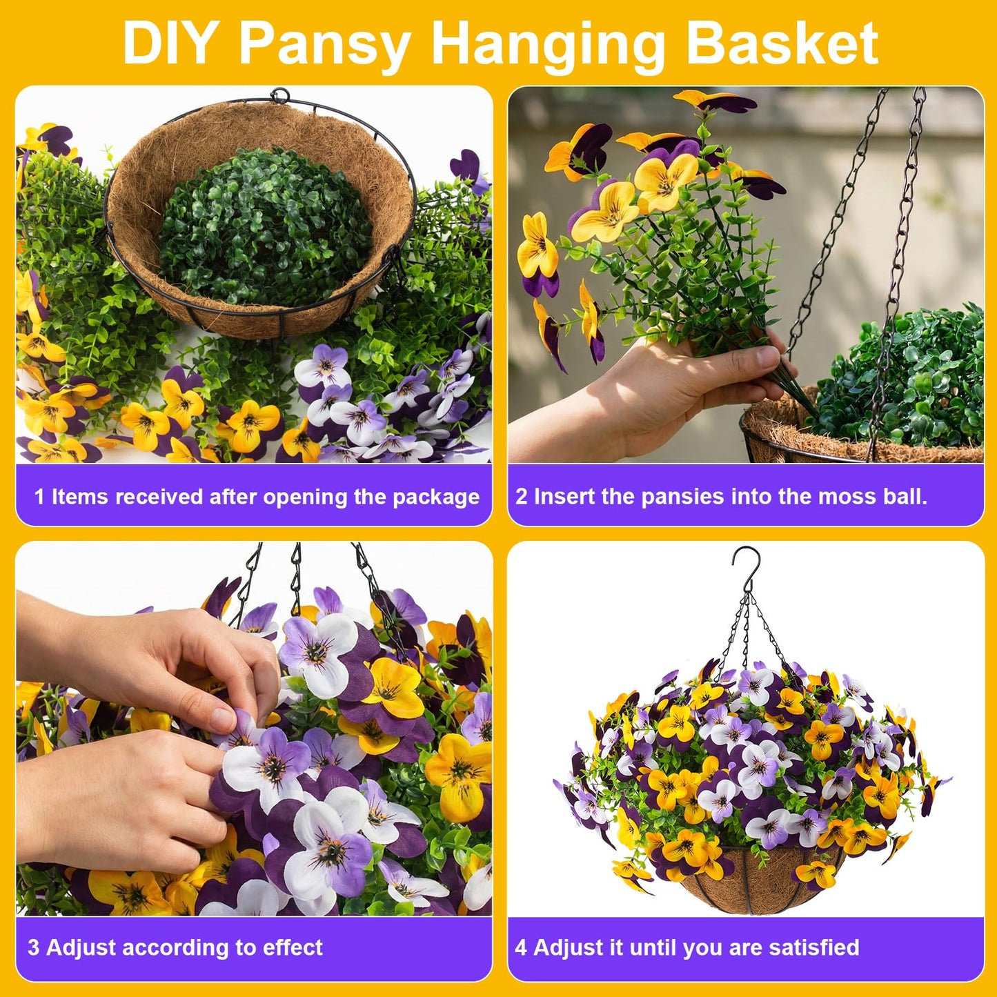 2 Set Artificial Outdoor Pansy Flowers with Hanging Baskets, 2 Hanging Baskets with 24 Pcs Silk Flowers for Spring Easter Decorations Porch Patio Home Decor (2, Purple, Yellow, White, Light Purple)