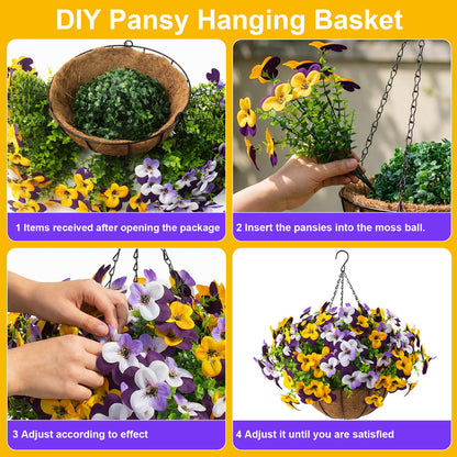 2 Set Artificial Outdoor Pansy Flowers with Hanging Baskets, 2 Hanging Baskets with 24 Pcs Silk Flowers for Spring Easter Decorations Porch Patio Home Decor (2, Purple, Yellow, White, Light Purple)