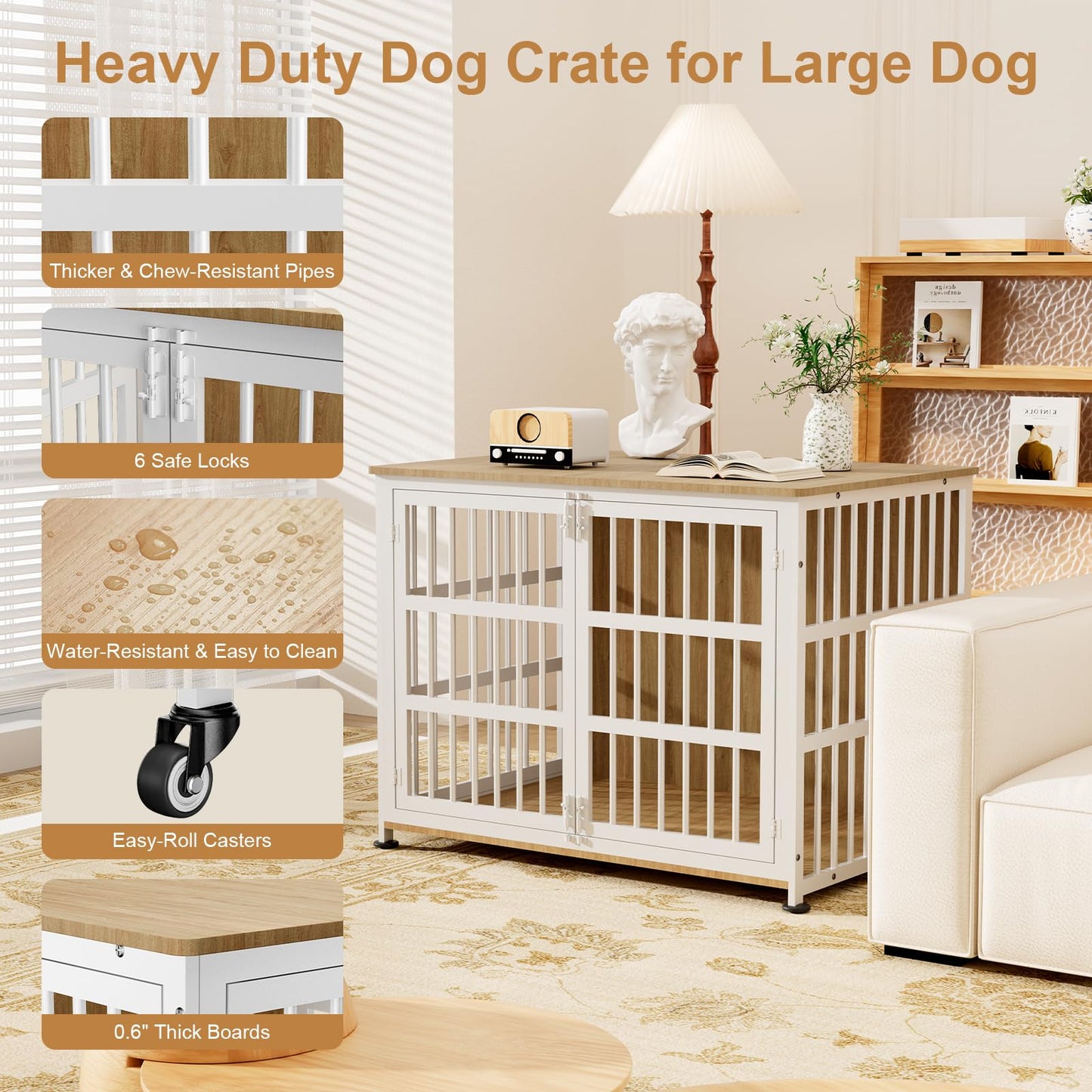 42" Furniture Style Large Dog Crate with Wheels, Metal Chew-Resistant Dog Kennel Indoor for Large & Medium Dogs, 41.9" W x 28.3" D x 31.7" H, Decorate House as TV Stand, End Table — Natural and White