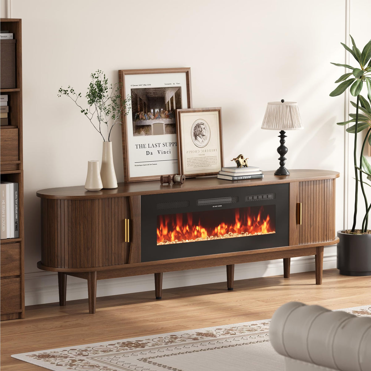 Decofy 70″ Fluted Fireplace TV Stand for 80″ TVs, Remote & Touch Control Adjustable Flame Colors & Temperature, Entertainment Center with Storage, Modern Media TV Console Table for Living Room(Walnut)