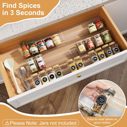 Brippo Expandable Spice Drawer Organizer Insert, 6-Pack Kitchen Adjustable Seasoning Rack Tray (13" to 26"), Clear Acrylic with Anti-Slip Mat, for Cabinet Countertop (Jars Not Included)