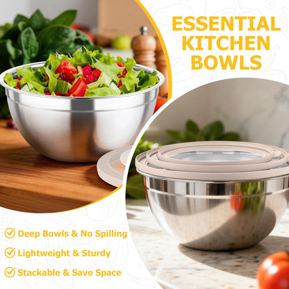 TeamFar Mixing Bowls with Lids, 4.5/3/1.5 QT Stainless Steel Nesting Salad Bowls with Airtight Lids, For Serving/Mixing/Storing/Prepping, Healthy & Sturdy, Visible & Easy Clean, Khaki, Set of 3