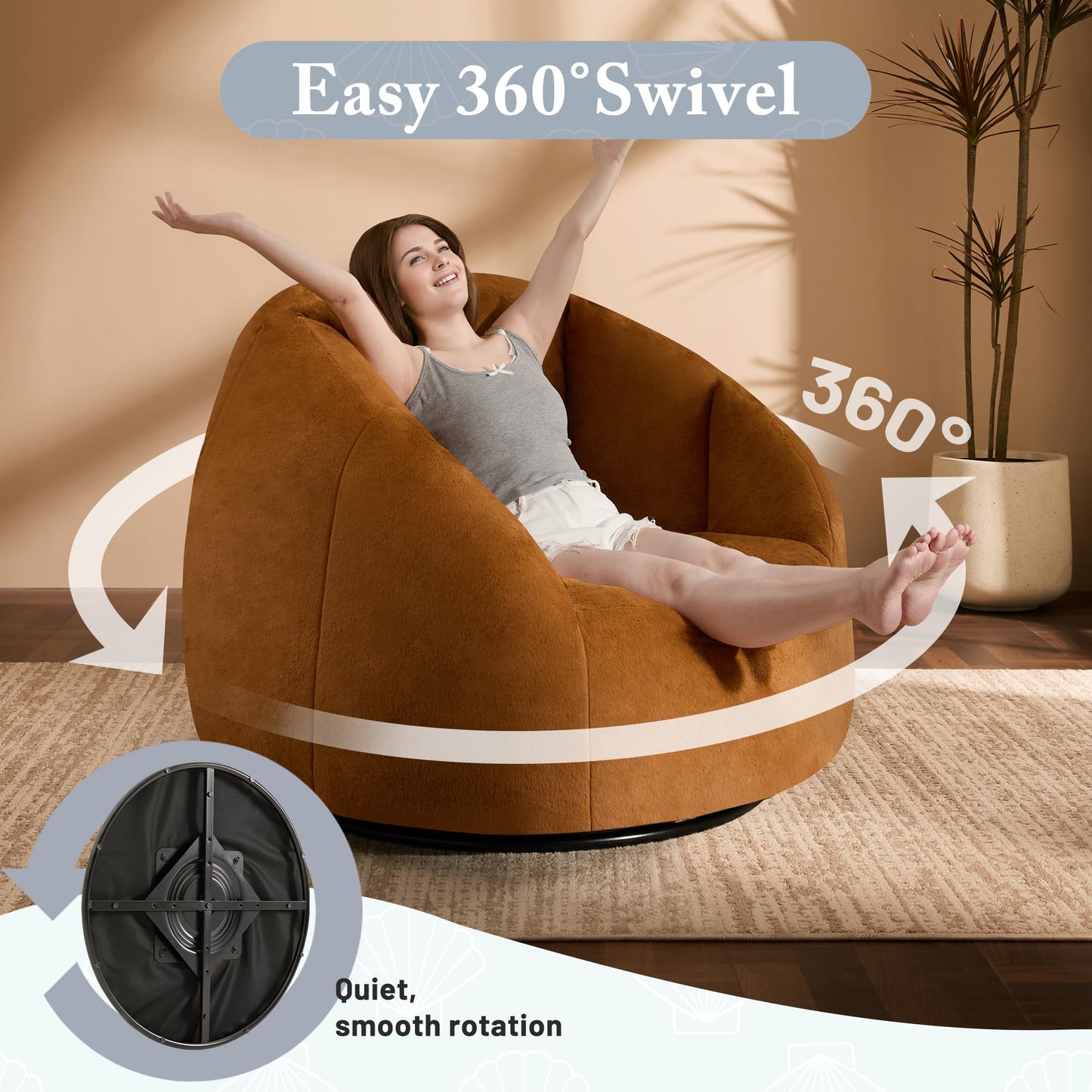 Gericco Giant Bean Bag Swivel Chair for Adults with Ottoman - Comfy Plush Round Shell Soft Accent Chaise Lounge Indoor Chair, Oversized Cozy Floor Sofa for Living Room Game Rooms, Orange